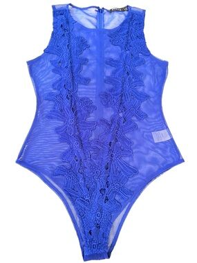 Rehab Sheer Floral Applique Blue Lace Bodysuit w/ Back Zipper